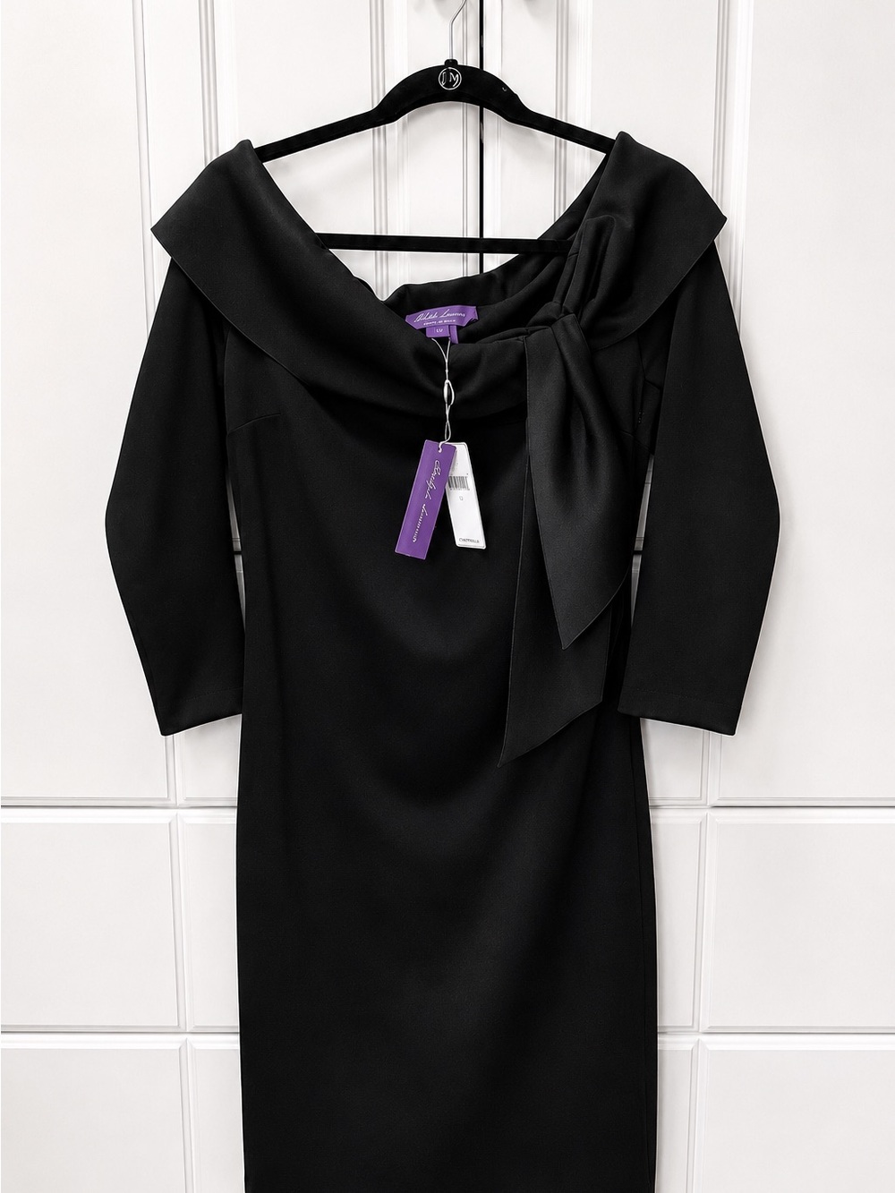 Ralph Lauren Purple Label Black Off-Shoulder Midi Dress with Side Bow